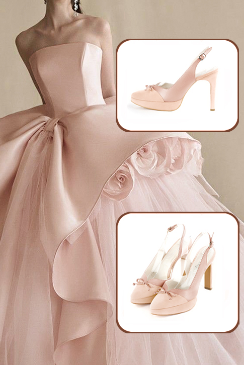 Dress slingback bow heels in powder pink leather with high slim heels with a platform at the front and tapered toe - Top view